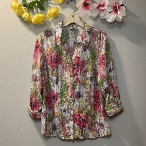 JM Collection Floral Button-Down Shirt in Pink, Green & White